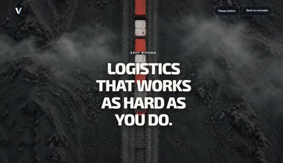 An aerial freight train with a cinematic logistics headline